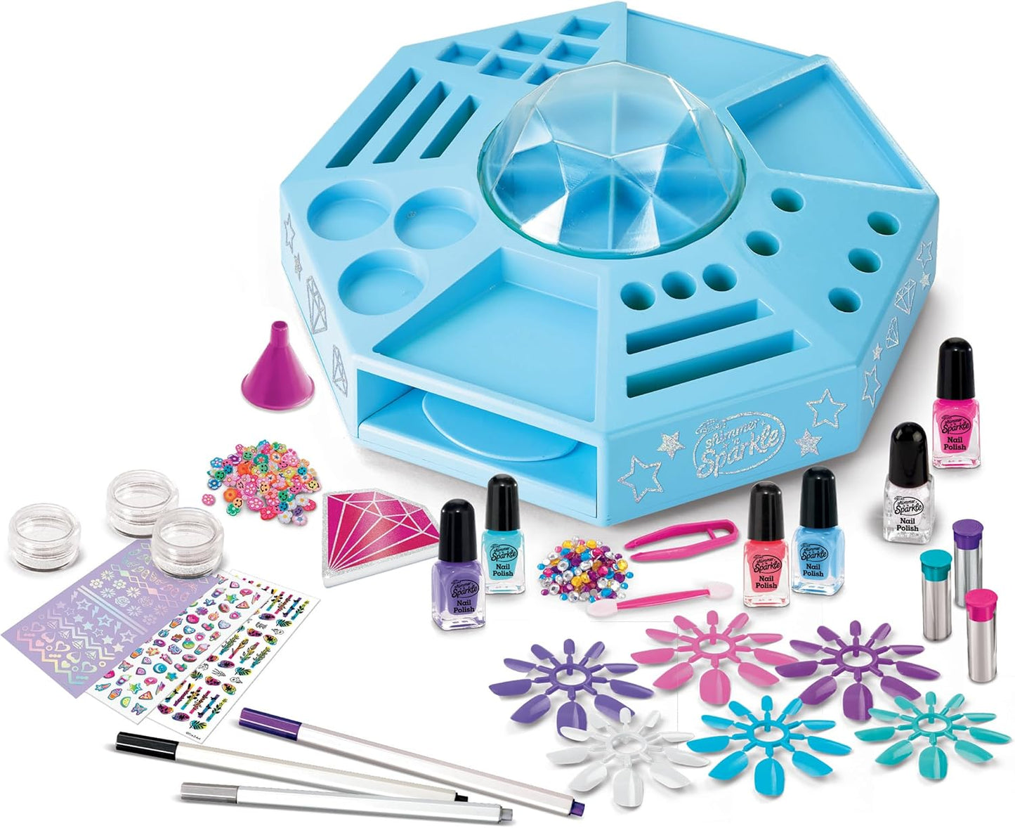 CRA-Z-ART Shimmer N Sparkle All In One Nail Art Studio With 360 turntable real working nail dryer and storage compartments Includes Nail polish, nail stickers