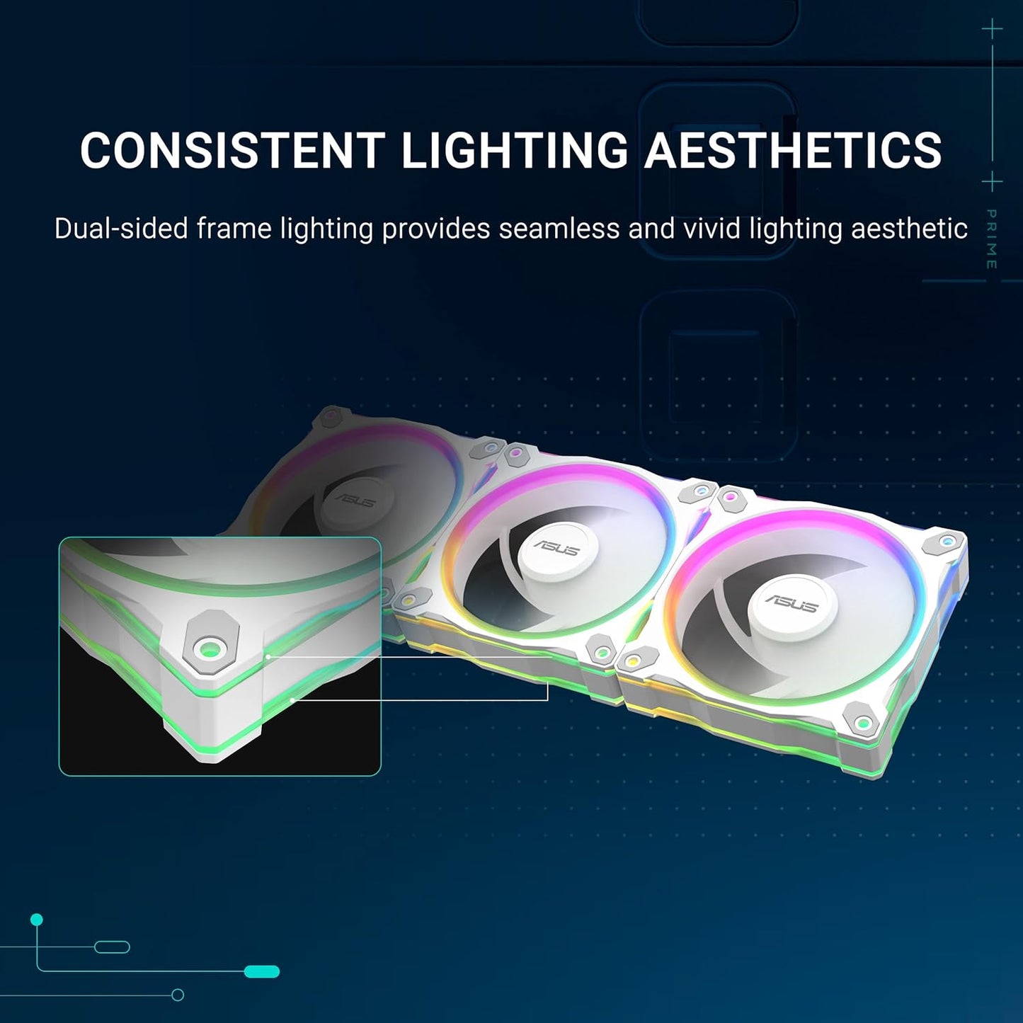 ASUS Prime MR120 ARGB Reverse, Ventola per Case da 120 mm, Spessore Telaio 2,8 cm, 20 LED ARGB Compatibili con Aura Sync per Illuminazione da Entrambi i Lati, 23 dB di Rumore, 3 Pezzi, Bianco