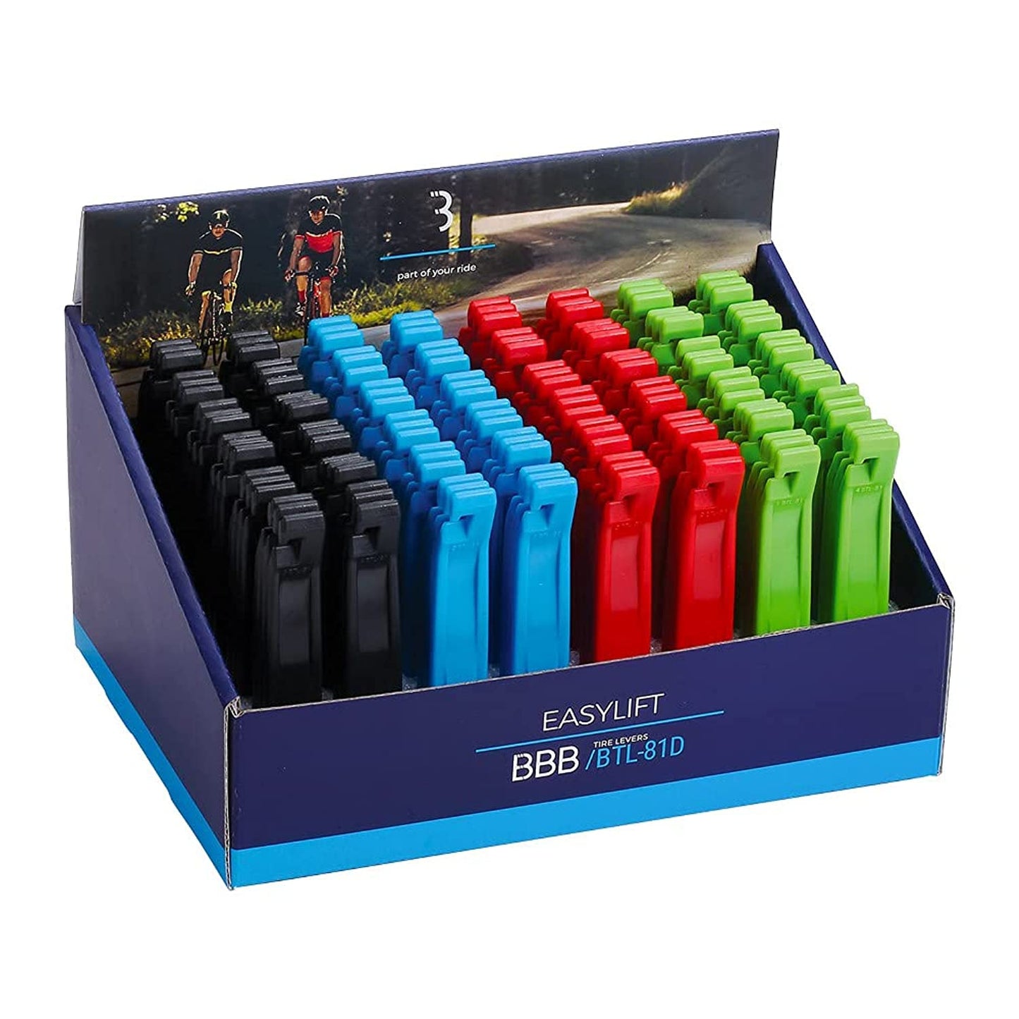 BBB EASYLIFT Display Box (48 pz x 3 Leve) Démonte-pneus Mixte, Noir/Bleu/Rouge/Vert, Taille Unique