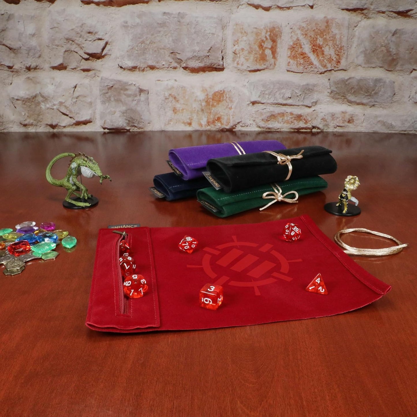 ENHANCE Roll on a Scroll Dice Rolling Mat & 7pc Acrylic Dice Set - Velvet Dice Case with Color-Coordinated 7pc Acrylic Dice, Dice Holder and Tray Compatible with DND and Other Tabletop Games
