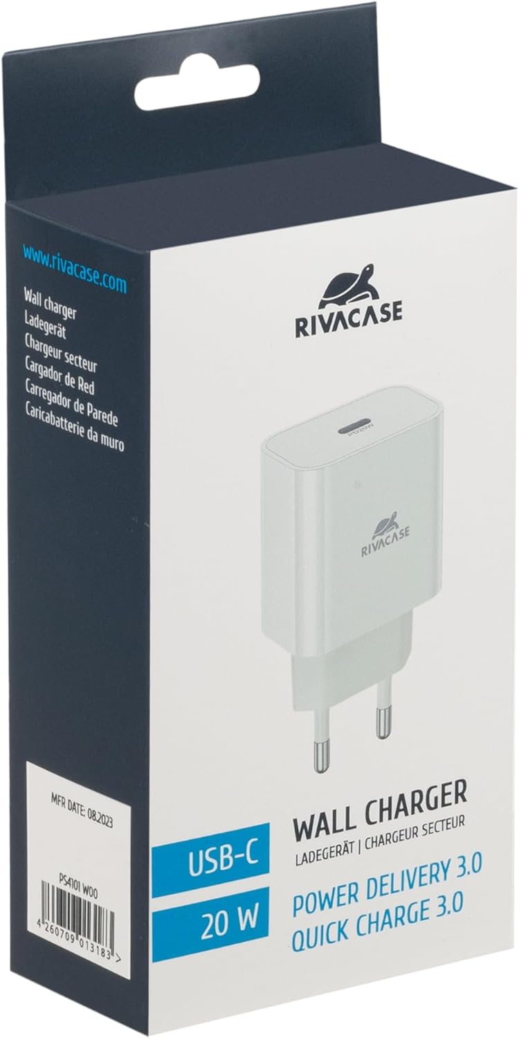 RIVACASE PS4101 W00 - Caricatore da 20 W Power Delivery 3.0, ricarica rapida tramite USB-C, compatibile con iPhone 15 e più vecchi, iPad, Samsung, LG, Huawei, Xiaomi, Android, alimentatore solido