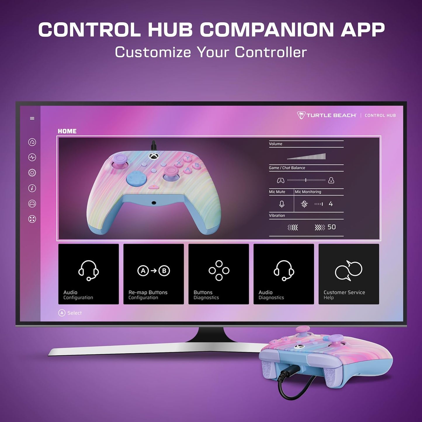 Turtle Beach Rematch Advanced Cotton Candy bedrade gamingcontroller Gelicentieerd voor Xbox Series X|S, Xbox One en Windows PC met Glow-in-the-dark, herinstelbare knoppen en hairtriggers.
