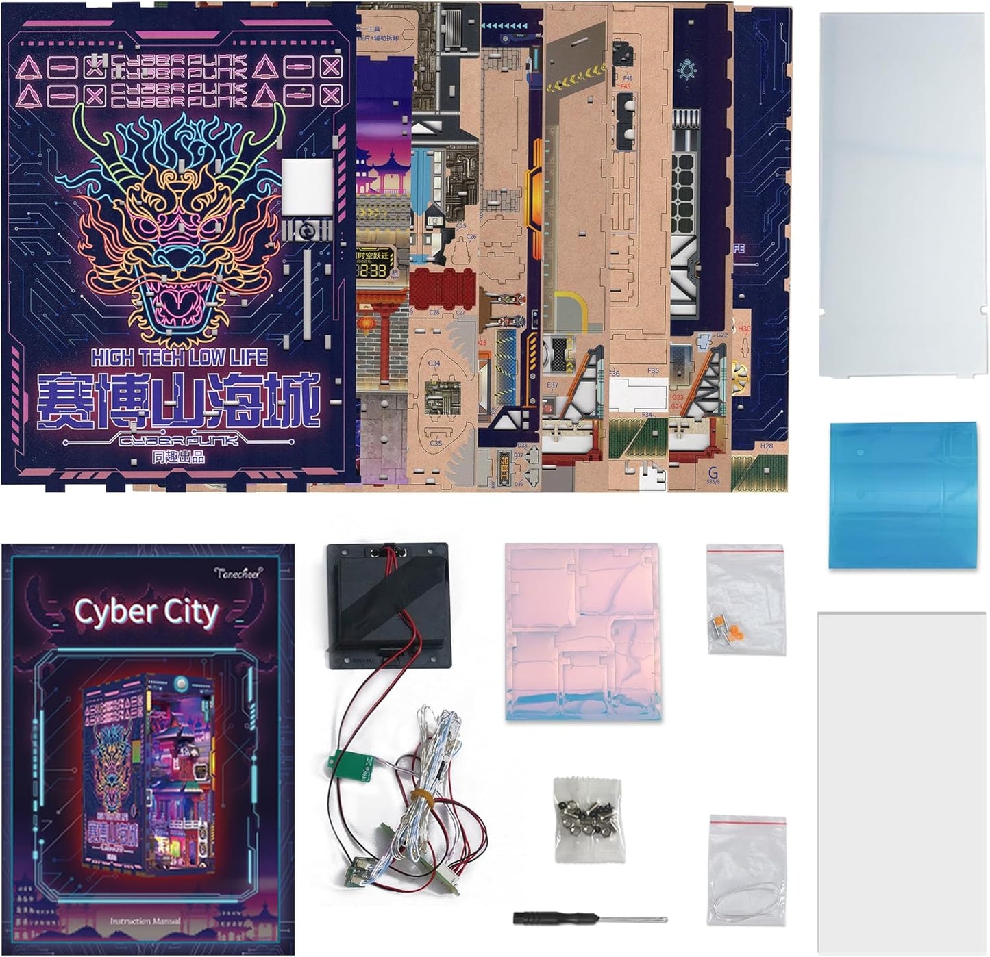 Tonecheer Cyber City Book Nook Kits 3D Wooden Puzzle for Adults, DIY Miniature House with Dust Cover Booknook Model Kits Bookshelf Insert Decor with LED Lights Unique Birthday Gifts