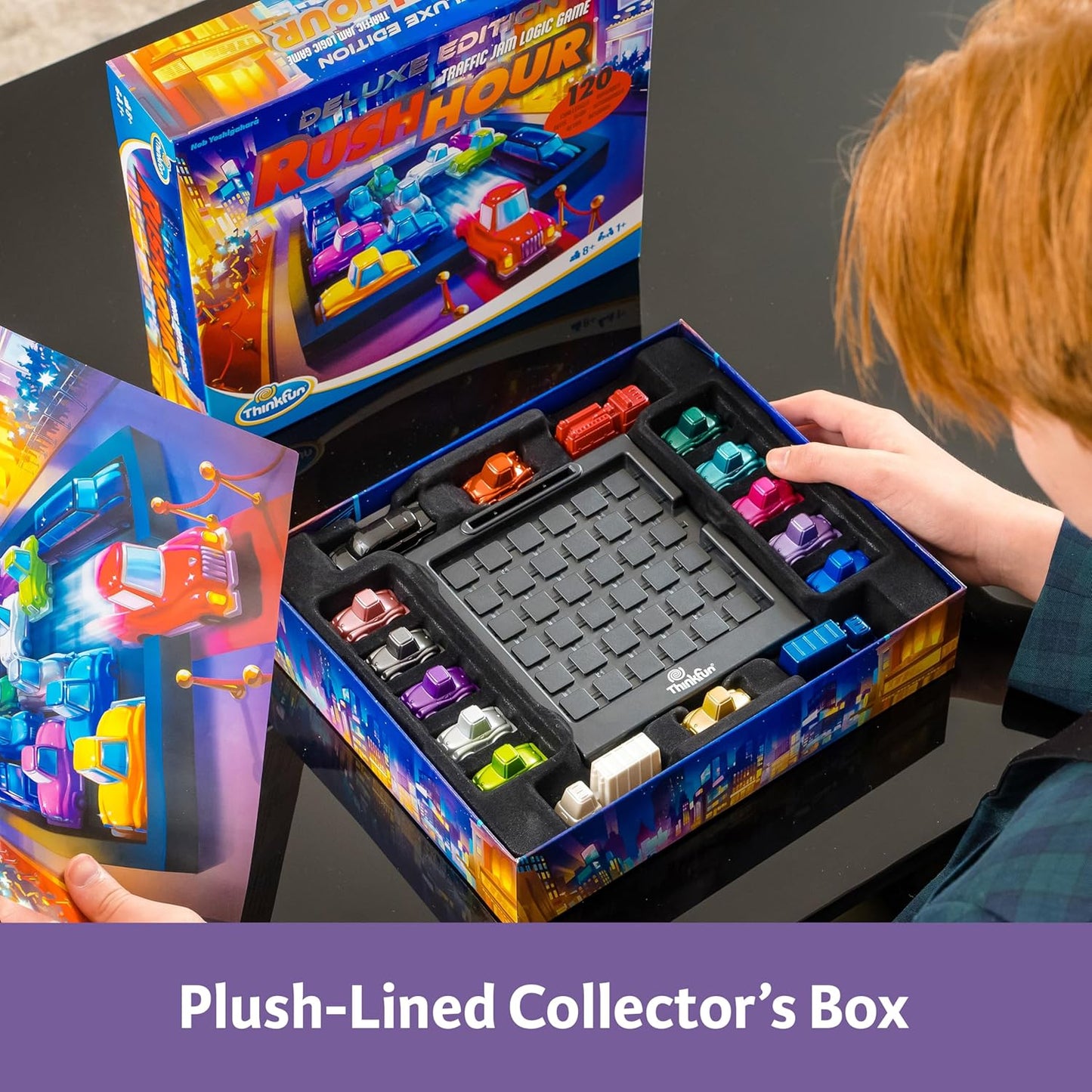 ThinkFun 76617-Rush Hour Deluxe Edition with Metal Vehicles, Logic Game for Adults and Children from 8 Years, Red and Metallic, Small, 76617