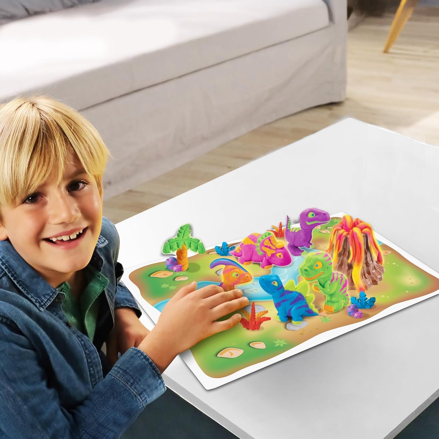 Lexibook, Dino Fluorescerende Kneedbare Kleisetjes, Blauw Paars Rood Oranje Groen Geel Roze, CRDOUGH11