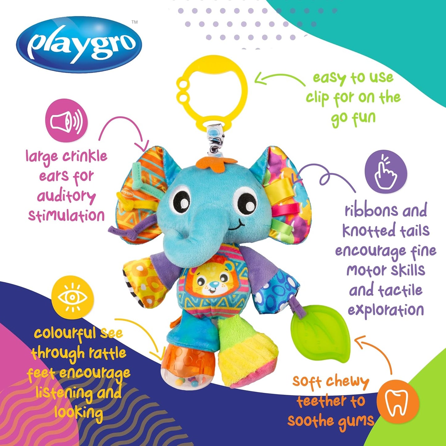 Playgro Activity Friend Elly Elephant, Toy for Babies, 0+ Months, Multisensory Toy for Infants, Learning and Stimulation