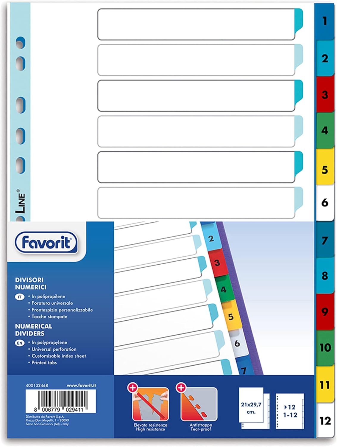 Favorit 400132468 Divisori a Foratura Universale per Raccoglitori ad Anelli con 12 Tacche Colorate Numeriche (da 1 a 12), Formato Interno A4, in Polipropilene (Materia Plastica Atossica