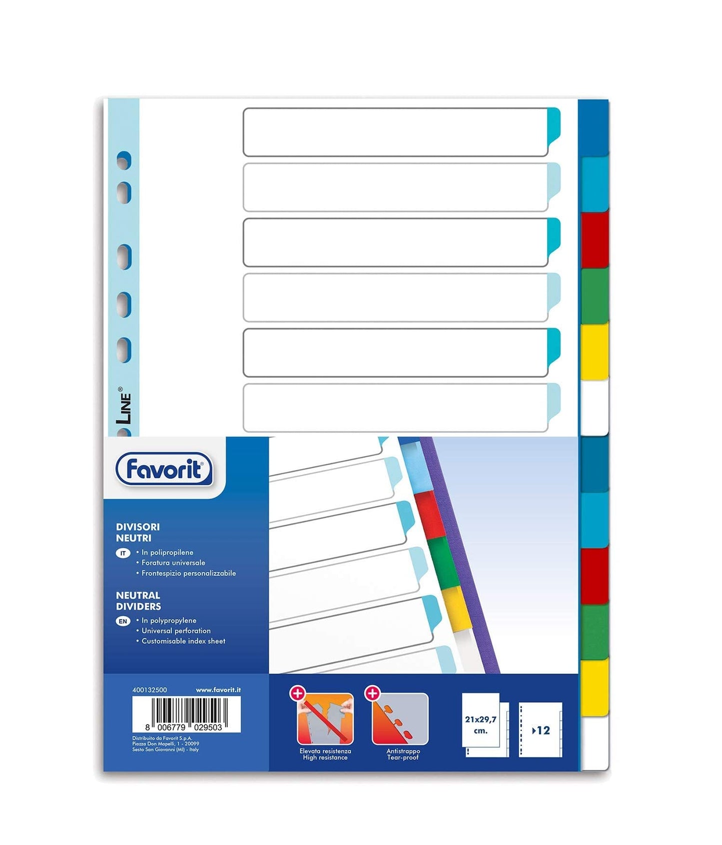 Favorit 400132500 Divisori a Foratura Universale per Raccoglitori ad Anelli con 12 Tacche Neutre Colorate, Formato Interno A4, in Polipropilene (Materia Plastica Atossica