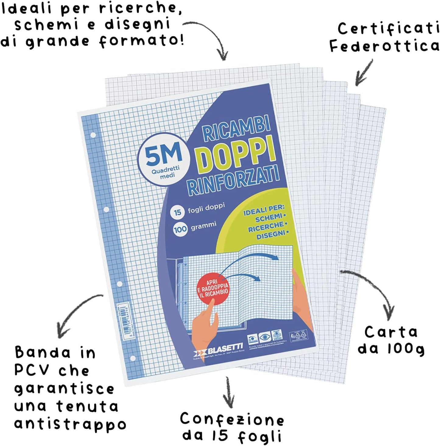 Blasetti - Ricambi DOPPI ideali per schemi, ricerche, disegni. Fogli formato A4 doppio, carta da 100gr, con fori d'archiviazione - BCO