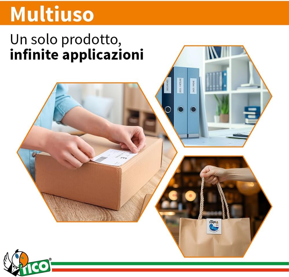 Tico Italia LP4W-7037 Etichette adesive bianche multiuso, 100 fogli A4, rettangolari 70x37mm, 24 etichette per foglio, adesivo permanente, stampanti laser e inkjet