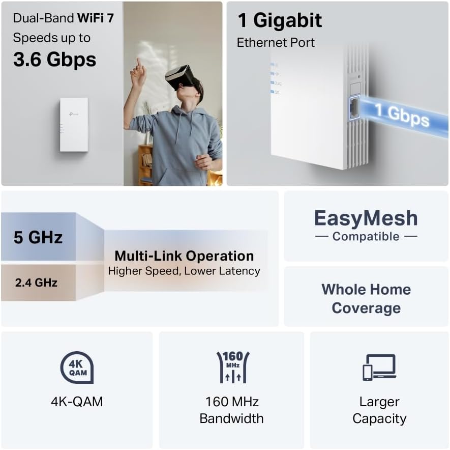 TP-Link RE220BE BE3600 WiFi Extender Booster,WiFi 7 Dual Band WiFi Booster with Ethernet Port,WiFi Extender with MLO/4K-QAM/Roaming,EasyMesh Internet Booster,APP control,Plug and Play