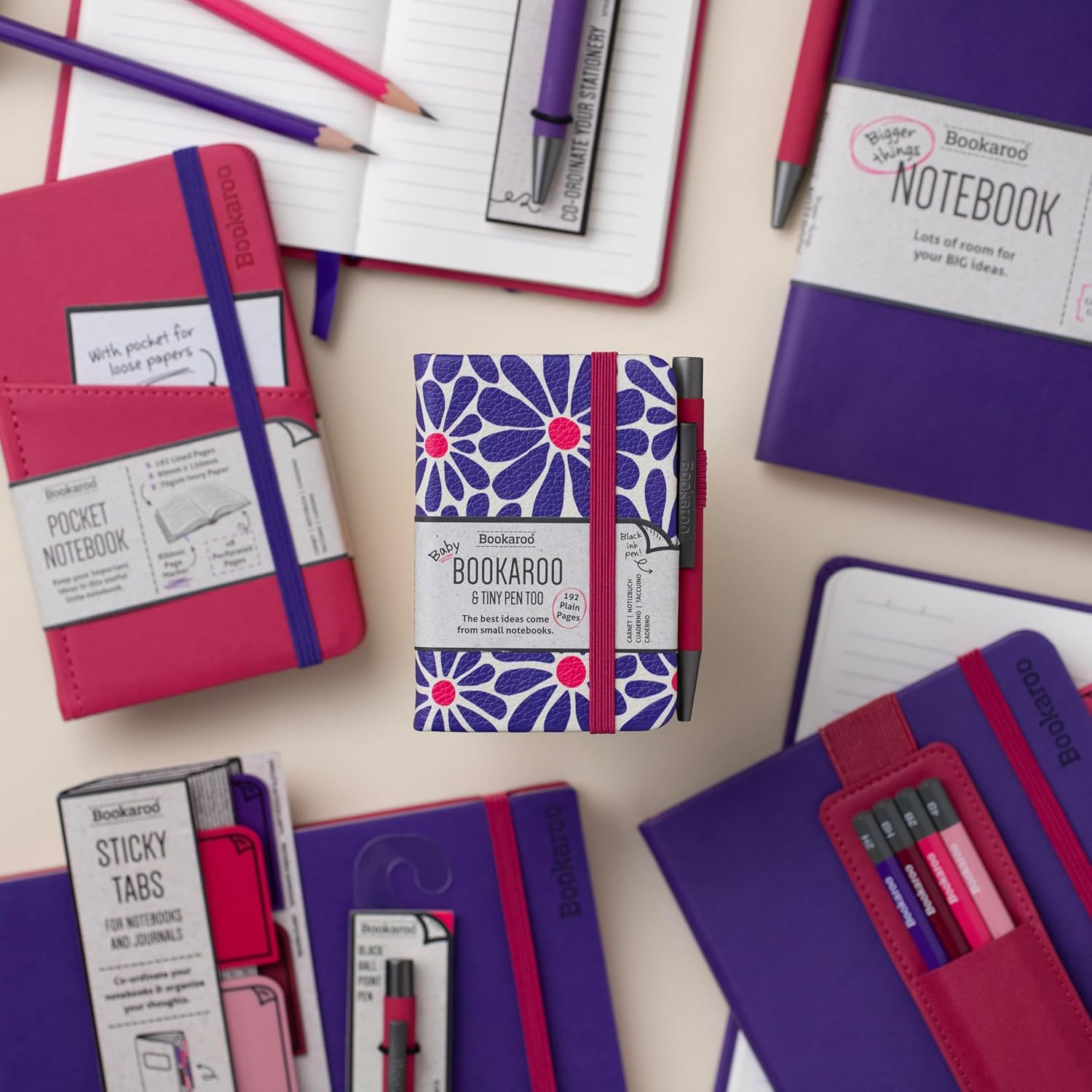 IF Bookaroo Notebook - A7 Pocket and Handbag size Notebook plus Black Ballpoint Pen, 192 pages - Pink & Purple - Daisy