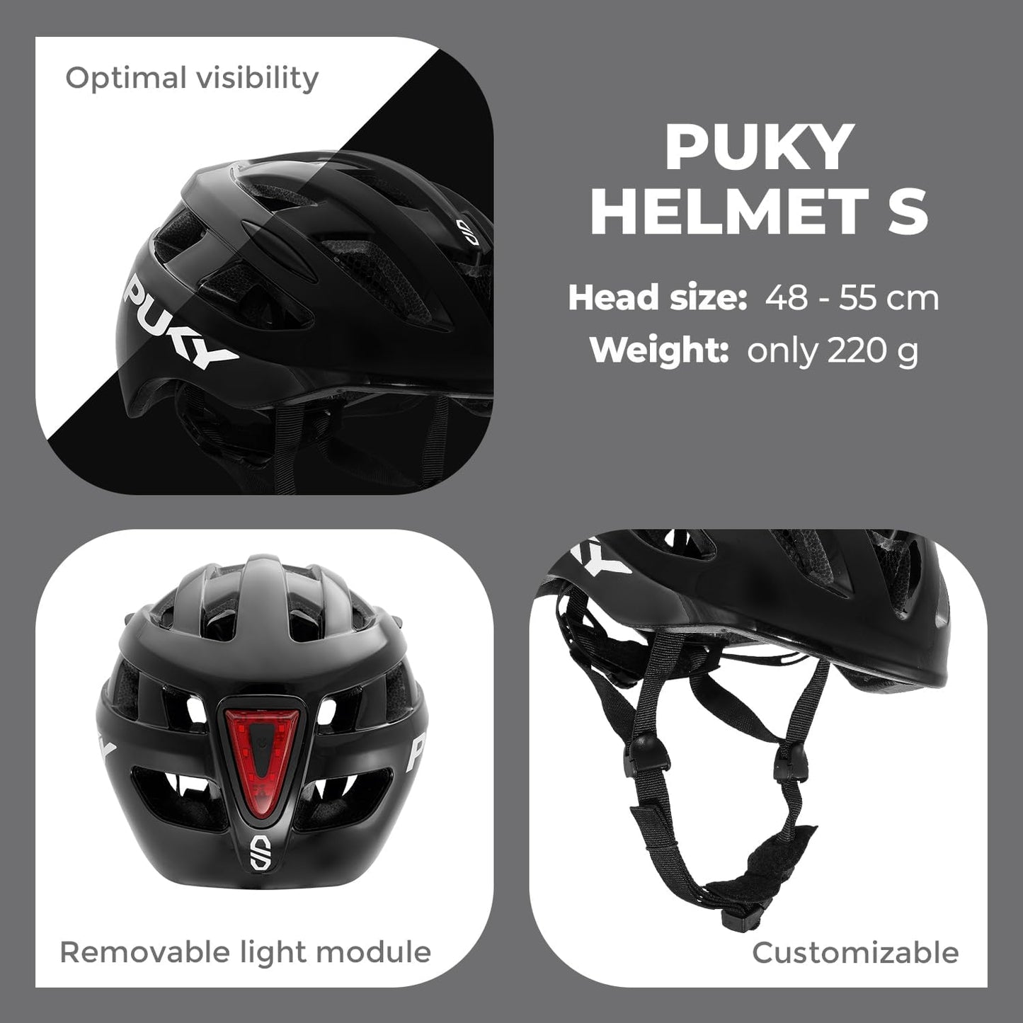 Puky Helm, kinderfietshelm 48-55 cm, lichtgewicht 220 g, maximale bescherming en ventilatie, 360° zichtbaarheid door lichtmodule, ideaal voor veiligheid en comfort op de fiets