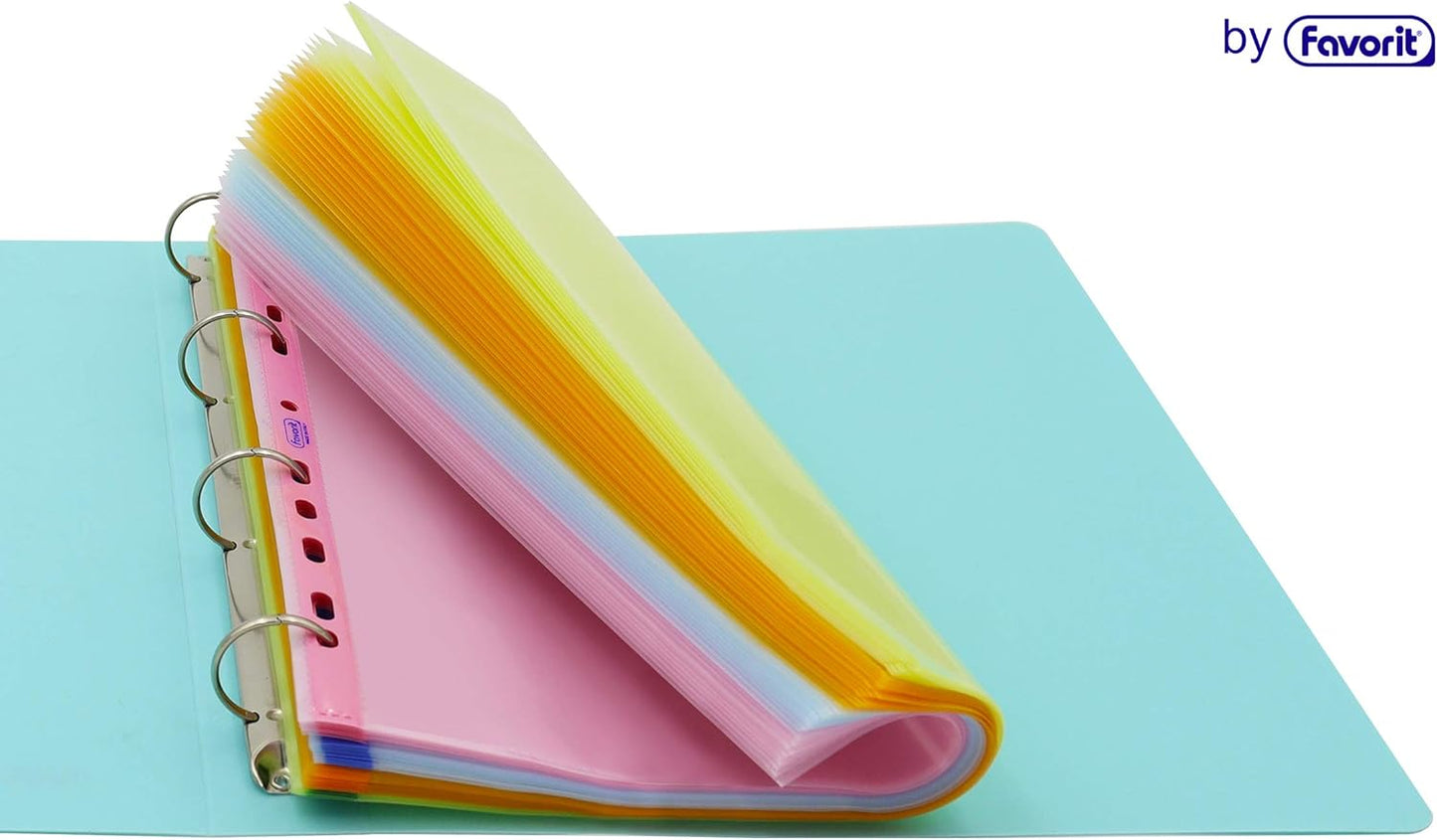 Favorit Buste Perforate, Lucide, Alto Spessore, 22 x 30 cm, 25 Pezzi, Trasparenti color Rosa pastello con Banda Colorata in Tinta