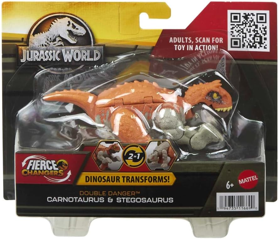 Mattel Jurassic World Fierce Changers 2-in-1 Dinosaur Action Figure, Double Danger Toy Transforms from Carnotaurus to Stegosaurus in 11 Steps