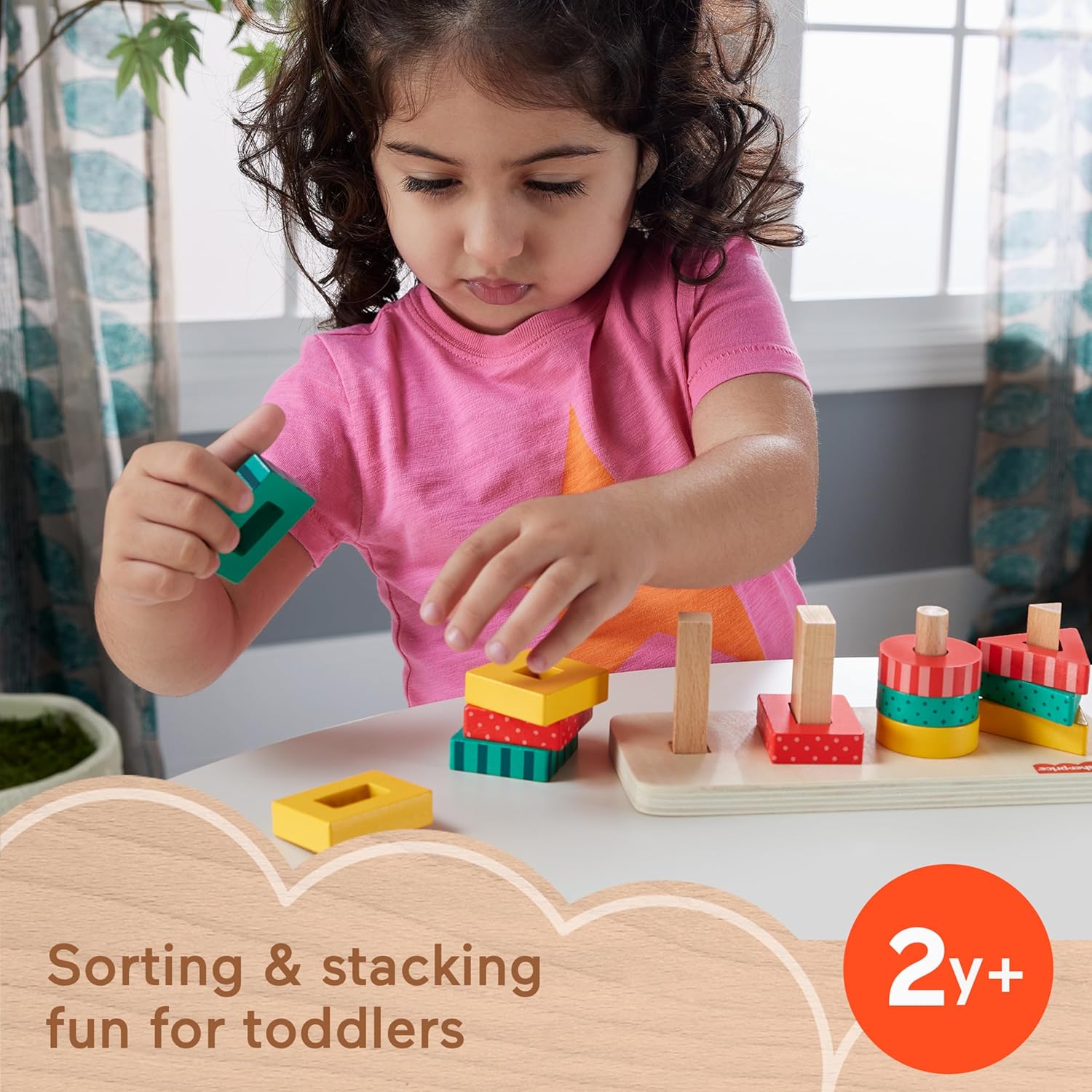 Fisher-Price Toddler Sorting Toy Wooden Shape Stacker, 13 Wood Pieces for Fine Motor Play Preschool Kids Ages 2+ Years, HXV05