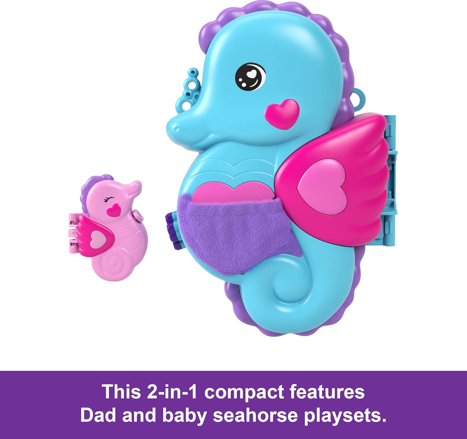 Polly Pocket Dolls & Playset with Pets & 13 Accessories, 2-in-1 Daddy & Me Seahorse Wearable Purse & Animal Toy, Starring Shani, HWP03