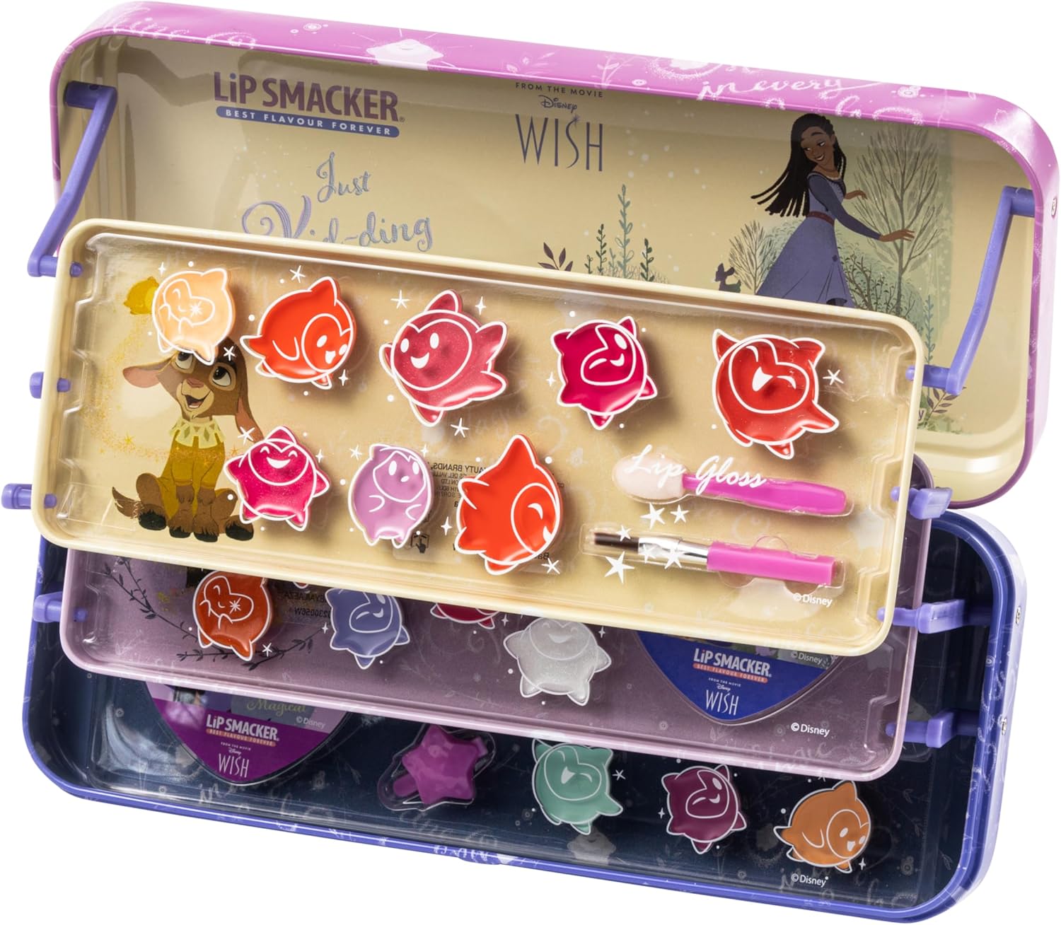 Lip Smacker Wish Triple-Tier Beauty Tin, Kids' Makeup Set Inspired by Disney Wish with LipGloss, EyeShadows, Beauty Accessories, and Stickers Included