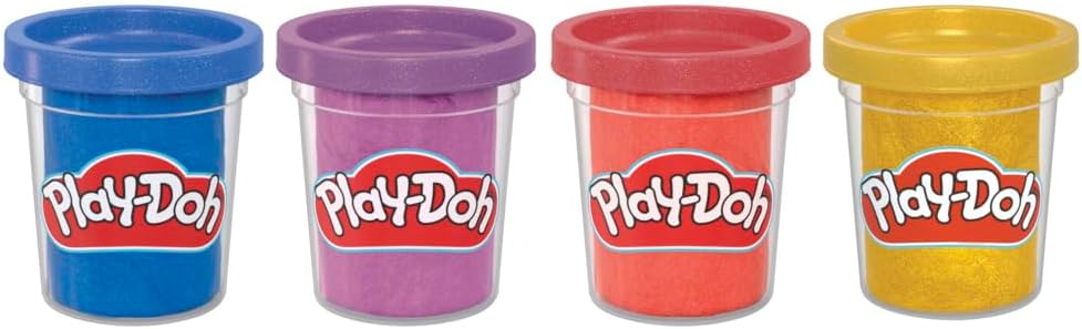Play-Doh 4-Pack Shimmer Clay, Sparkling Metallic Compound Tubs (Dark Blue, Red, Purple & Gold), Arts and Crafts Toys for Kids (2+), Non-Toxic Modelling Compound, Gift for Kids