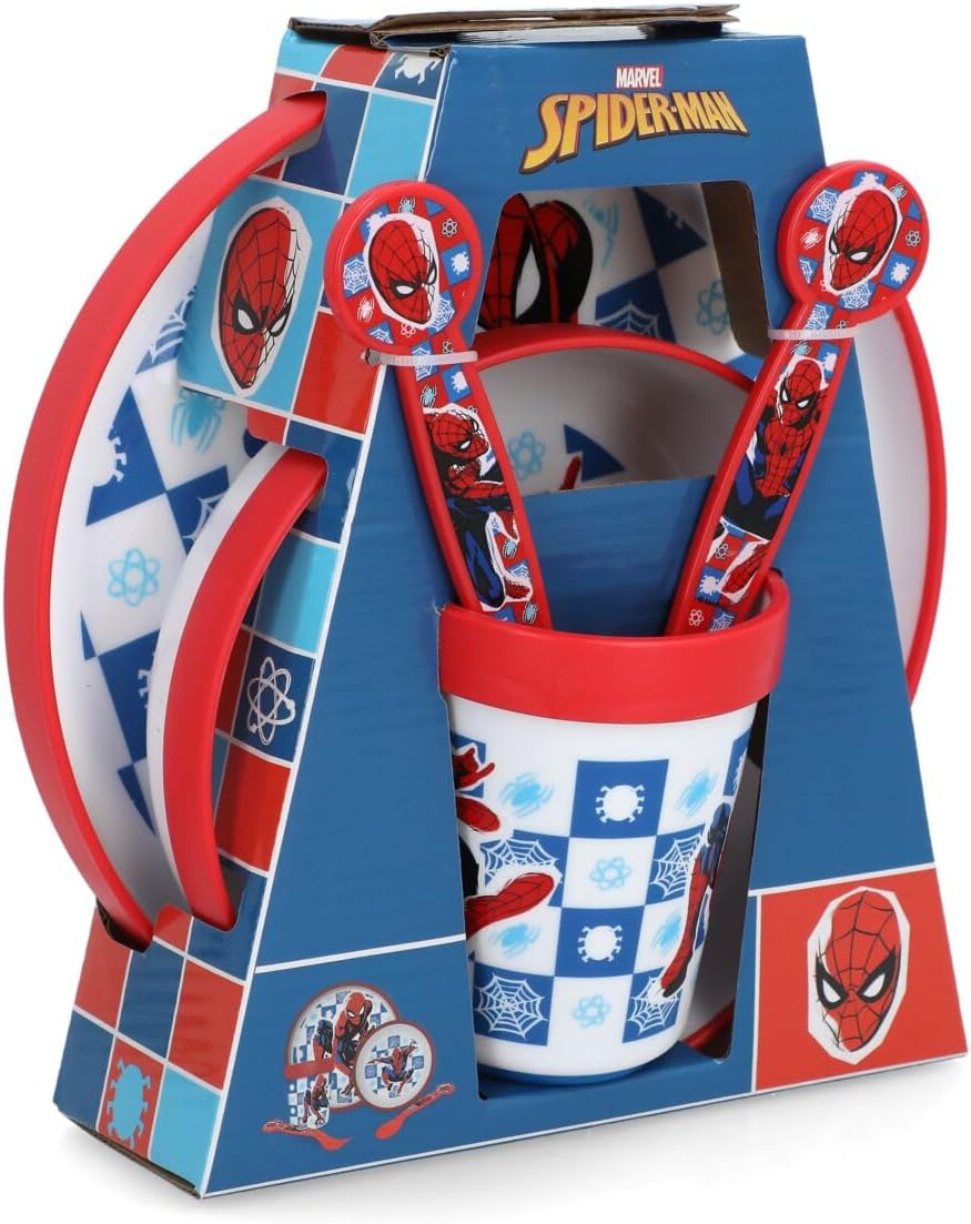 Stor Spiderman 5 Piece Premium Multicolour Plastic Microwave Safe Dinner Set, Multi-Colour