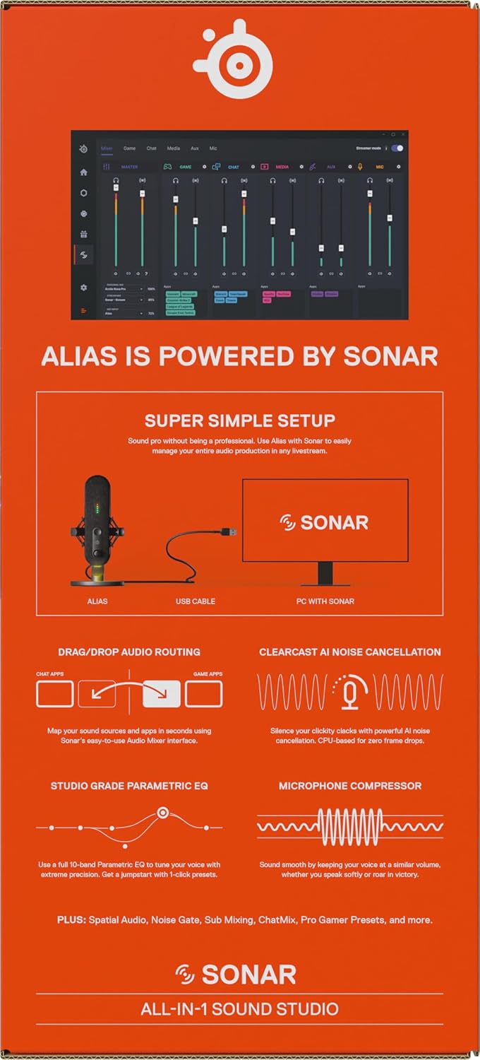 SteelSeries Alias Mic USB per PC - Capsula 3x più grande per il gioco, lo streaming e il podcasting - Cancellazione del rumore AI - LED per il mute e il monitoraggio del livello - Supporto antiurto