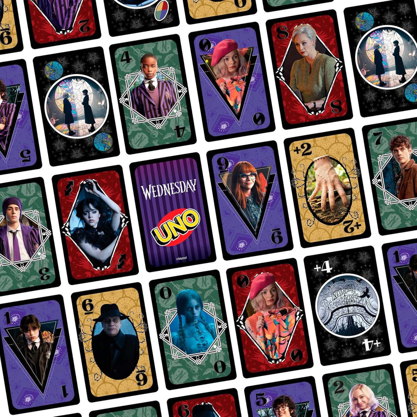 Mattel Games UNO Wednesday Card Game for Kid, Adult & Family Nights, Parties, Travel & Camping, Toy Collectible Inspired by the Series, JHB18
