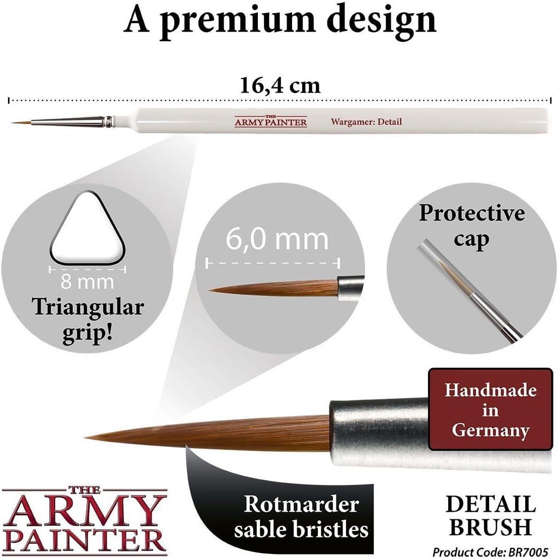 The Army Painter Wargamer Detail Brush with Rotmarder Sable Hair, Detail Brush for Wargames, Roleplaying and Tabletop Miniature Model Painting