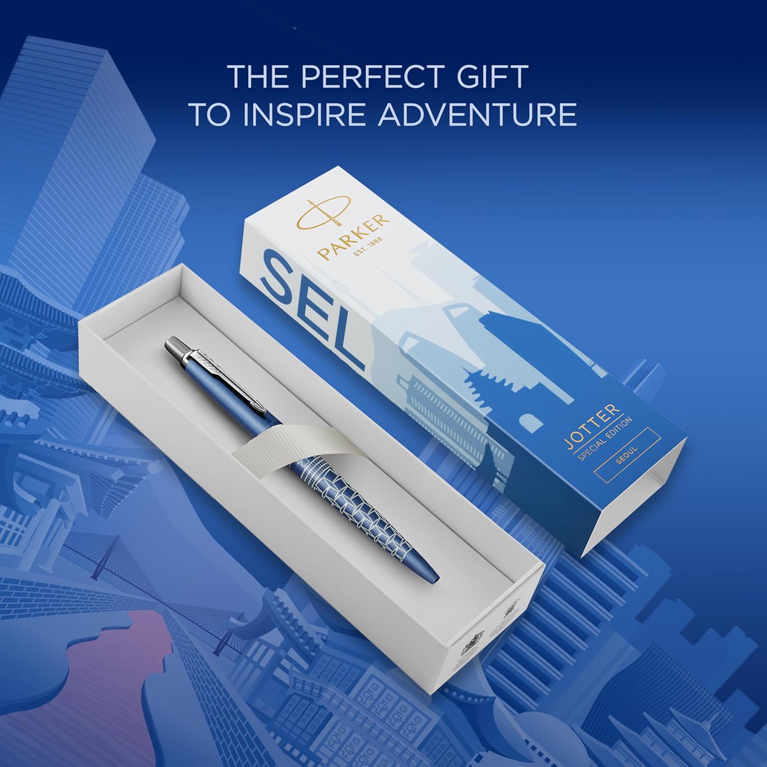 Penna a sfera Parker Jotter | Edizione speciale | Seoul Blue con puntale cromato | Punta media | Inchiostro blu | Confezione regalo