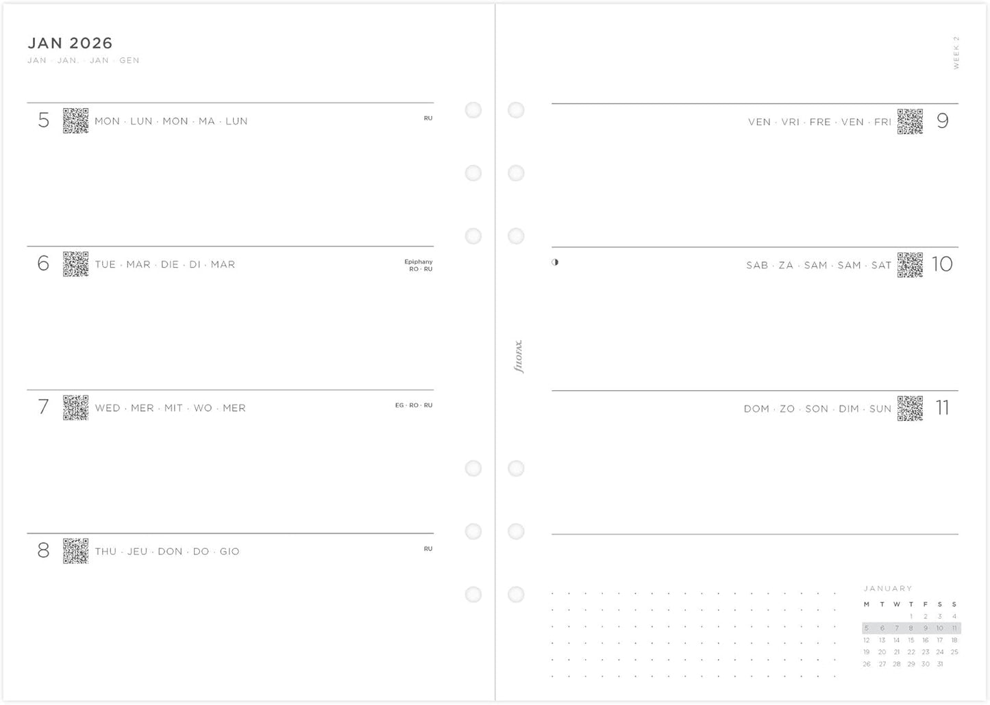 Filofax A5 Minimal Week on Two Pages 5 Language 2026 Diary Planner Refills 26-68590