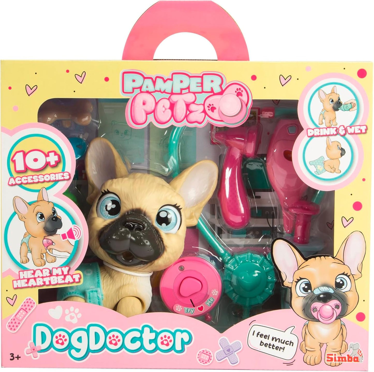 SIMBA 105950056 Pamper Petz Dog Doktor, 17 cm Frenchie met drink- en natfunctie, luier met kleurveranderingsfunctie, meer dan 10 doctoraccessoires, beweegbaar hoofd en benen, met geluid, vanaf 3 jaar