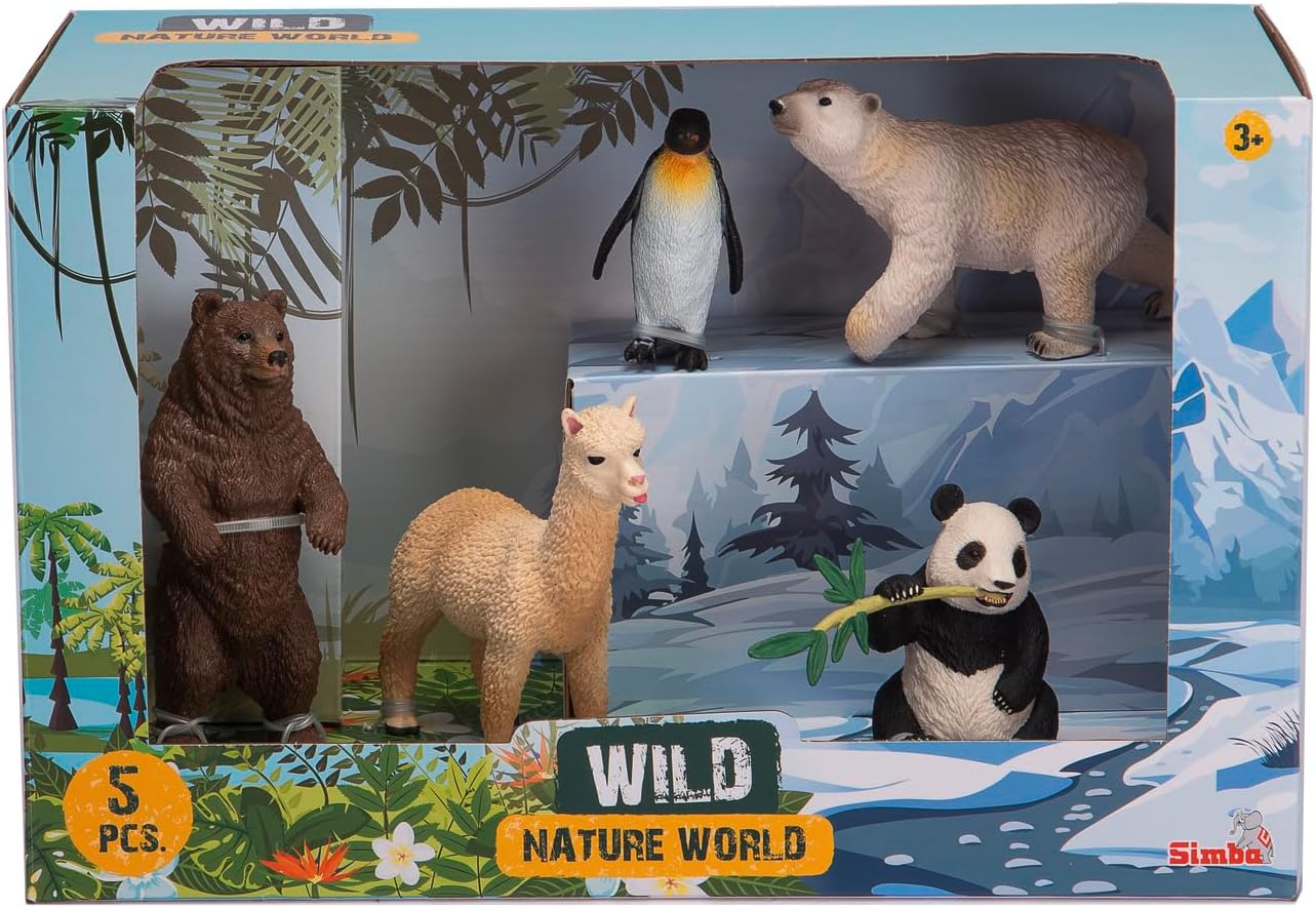 Simba 104343104 Toy Figures, Wild Animals - Set with Wild Animals Toys, Brown Bear, Lama, Panda and Penguin, 6-13 cm, from 3 Years
