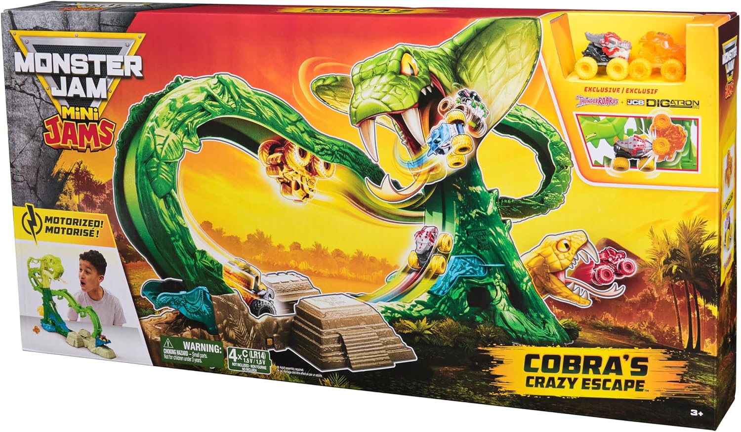 Monster Jam Mini Jams, Cobra’s Crazy Escape 71,1 cm Motorised Playset, 2 Exclusive Die-Cast ThunderROARus and JCB Digatron Monster Trucks, Kids Toys for Boy and Girls Ages 3 and up