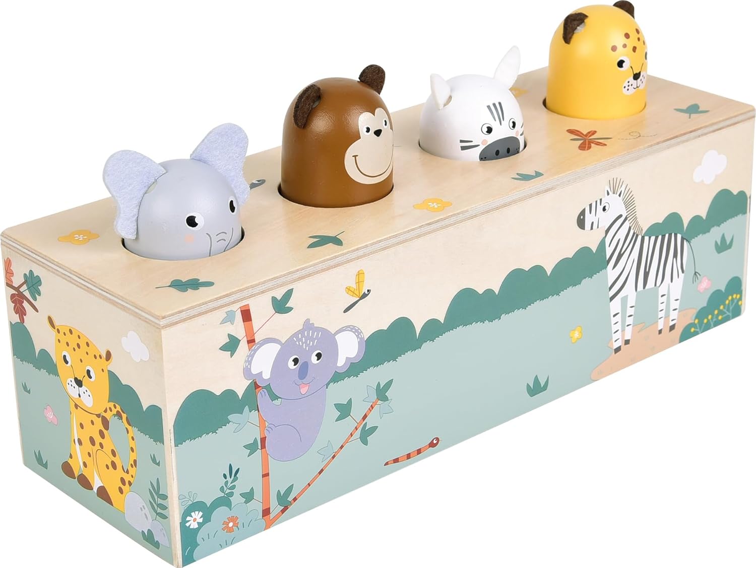 small foot Dierengeluiden duwspeelgoed 'Safari', FSC-gecertificeerd hout, 4 dieren met geluid en pop-up-actie, vanaf 1 jaar, 12757