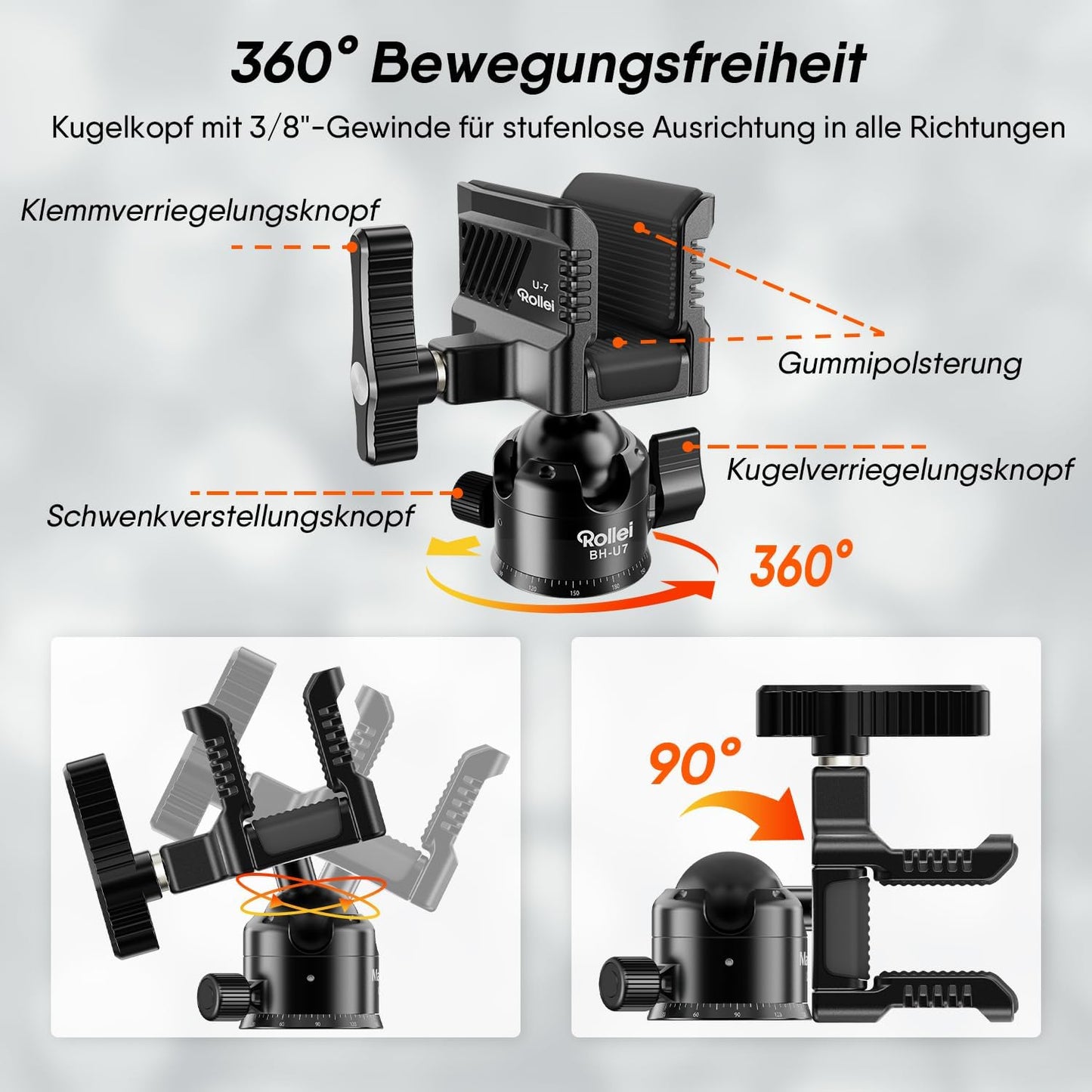 Rollei BH-U7 Ball Head Rifle Clamp 360° Rotation Hunting Accessories Span 3-7cm Aluminium & Rubber for Grifle Rest Shooting Stand 10kg Load Capacity 600g