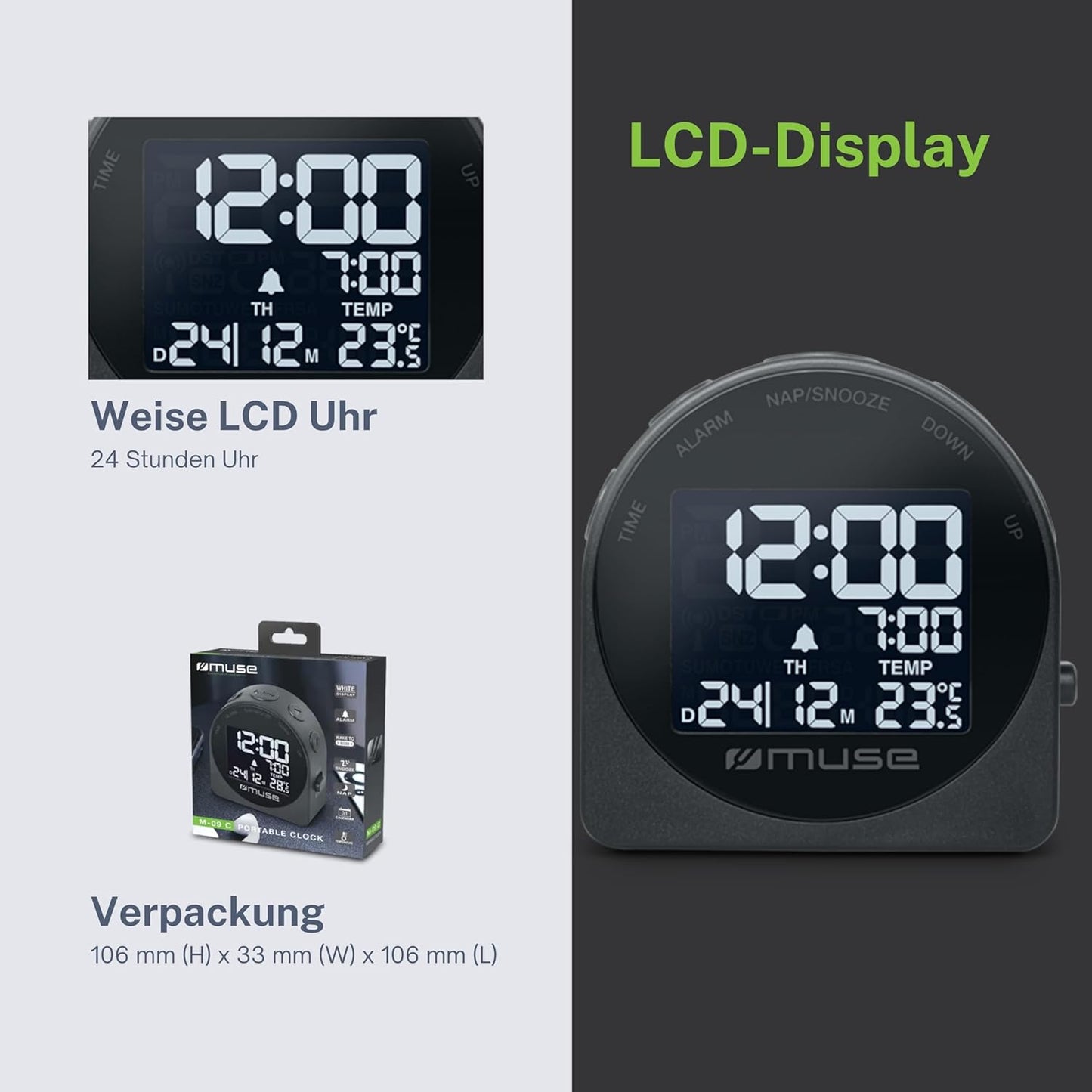 Muse: Travel Alarm Clock With Temperature And Date Display Dark Grey