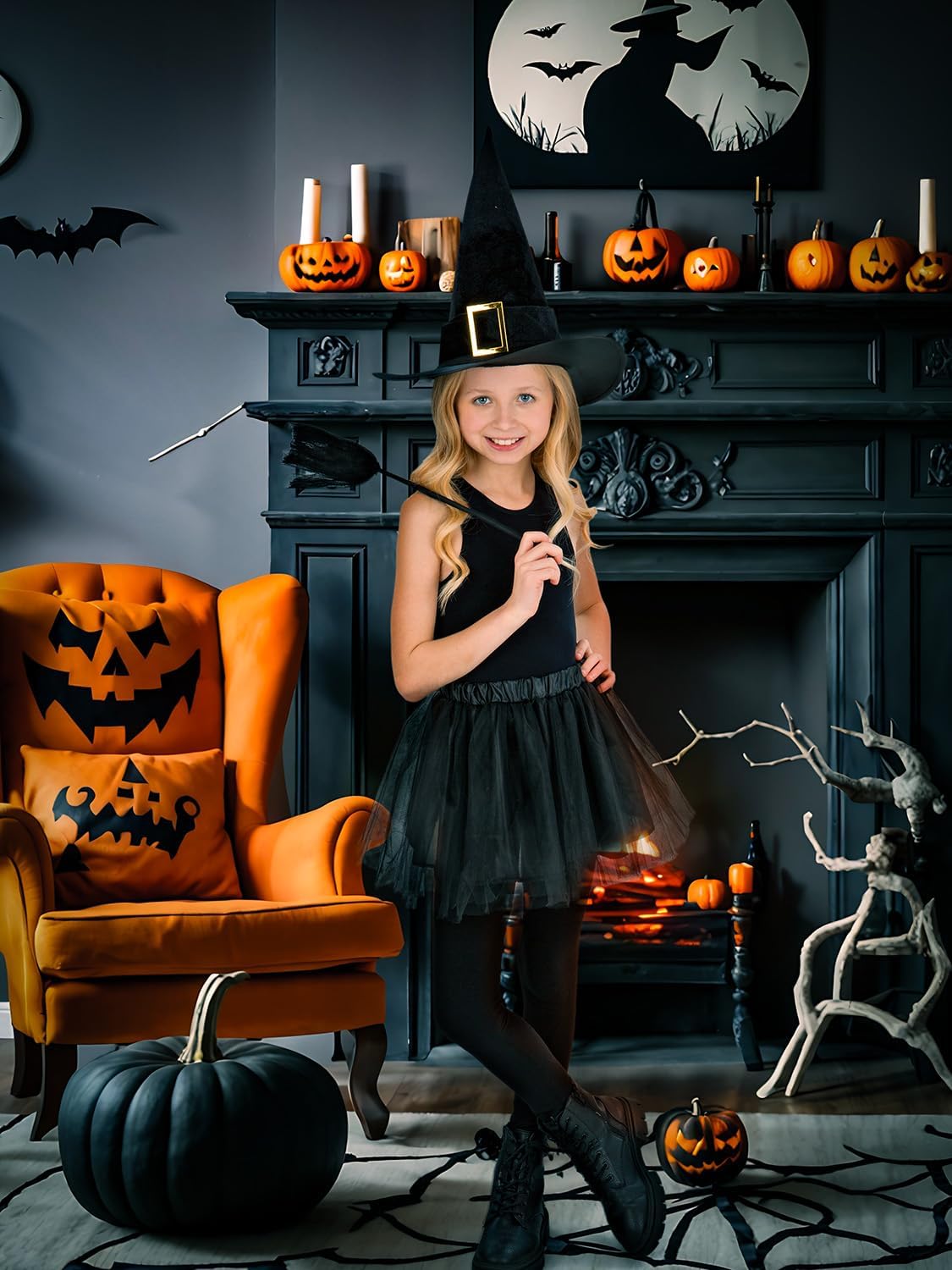 Smiffys Kids Witch Kit with Tutu Hat and 50cm Broom Girls Halloween Fancy Dress Outfit Children’s Spooky Costume Accessory Set