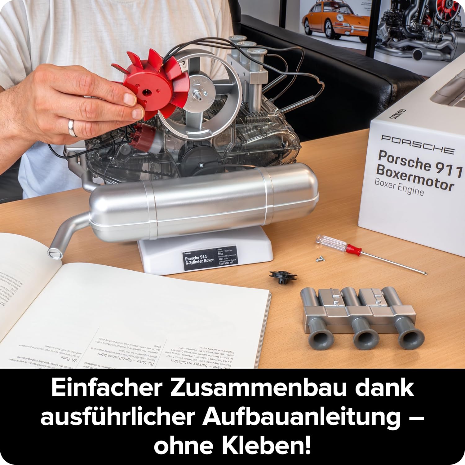 FRANZIS 67224 Porsche 911 Boxer Engine. 290 Piece Kit, Transparent Functional Model, Movable Crankshaft, Pistons and Valves, Includes Rich... Air-Cooled 6 Cylinder Engine Model