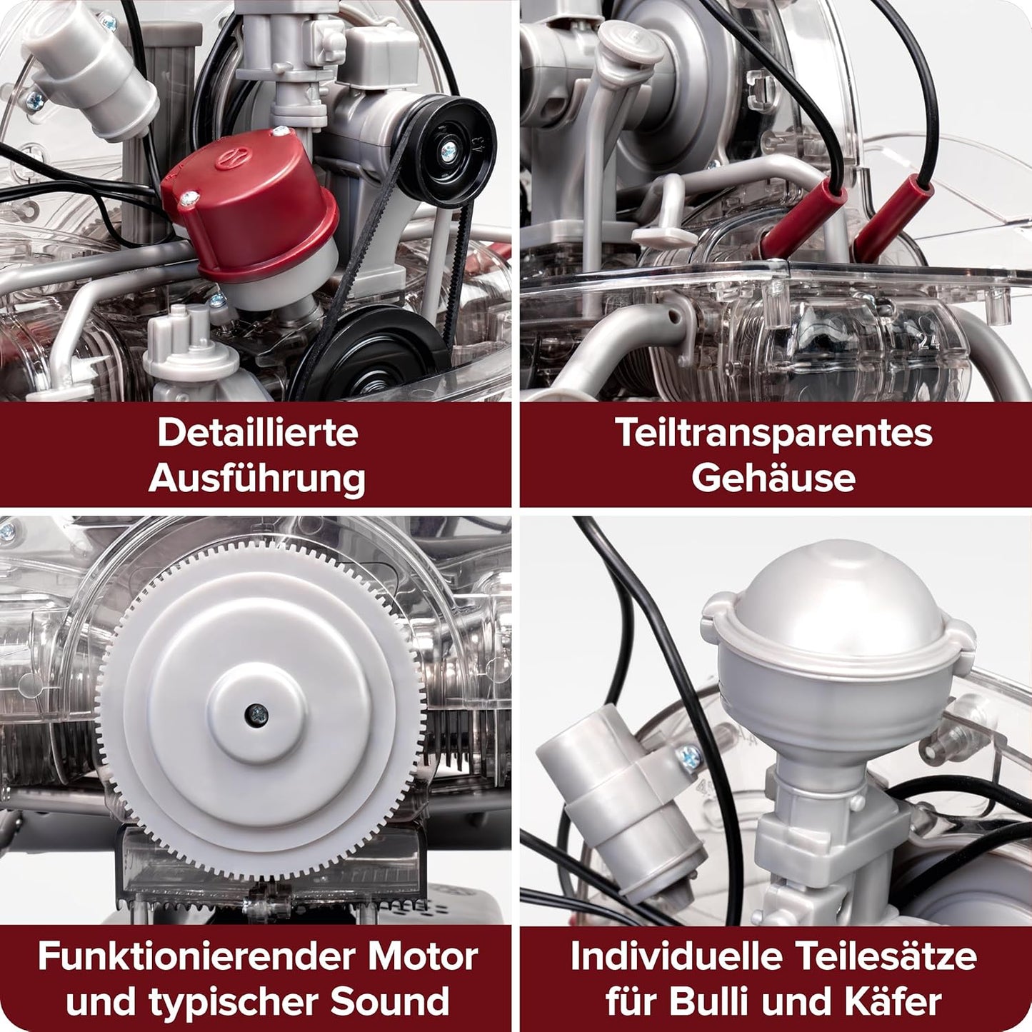 FRANZIS 67308 Volkswagen VW 4-cylinder boxer engine 2 in 1, faithful engine kit in scale 1:4, including sound module, instructions and 100-page accompanying book
