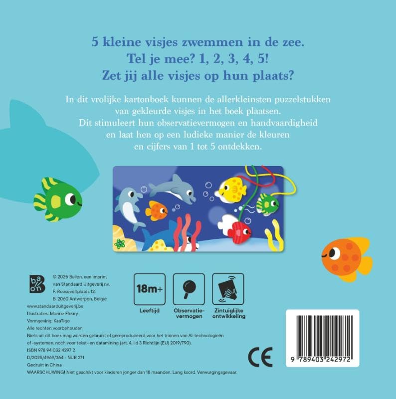 5 kleine visjes (kartonboek met puzzelstukken aan koord): Ontdek de kleuren en cijfers!