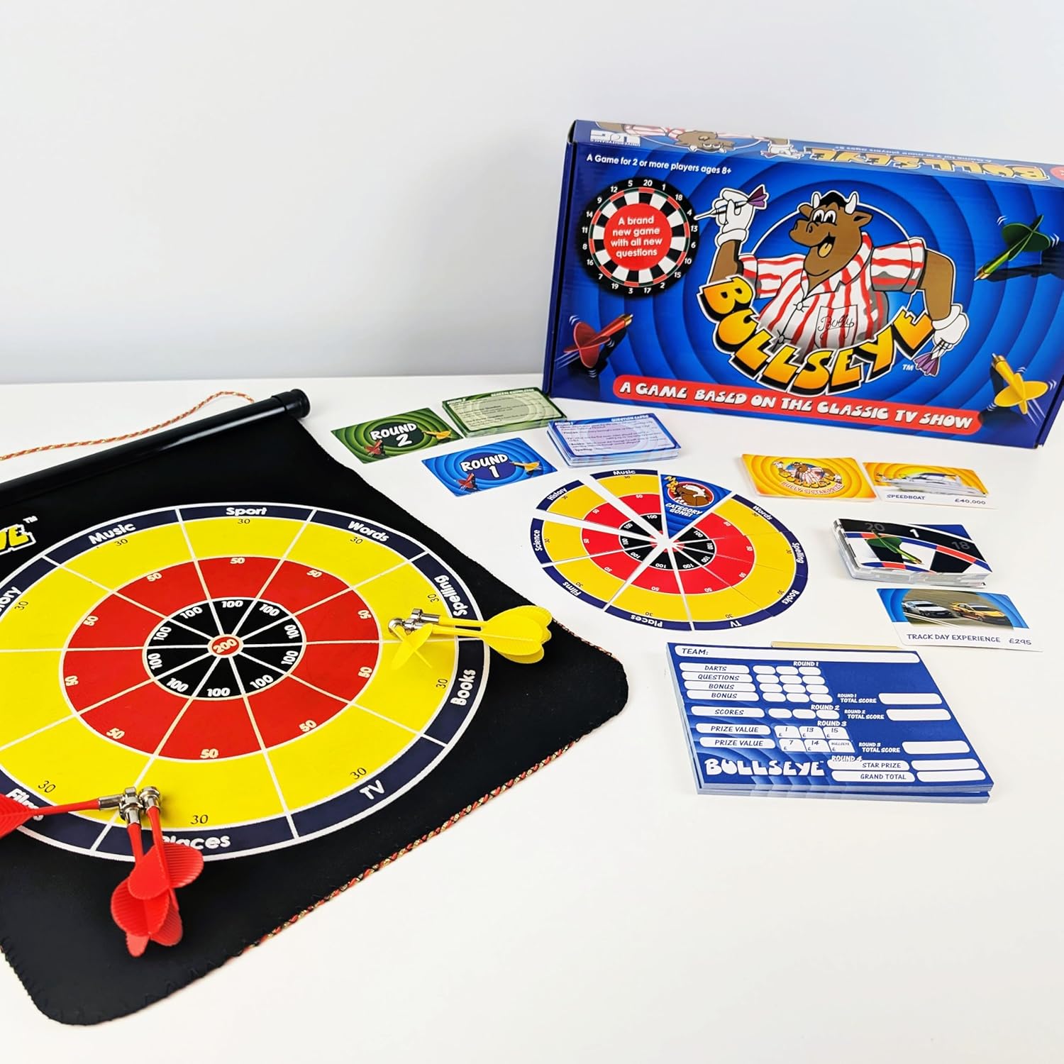 Bullseye Board Game, Classic TV Show Quiz with Magnetic Darts, Ages 14+, 2-8 Players, Blue