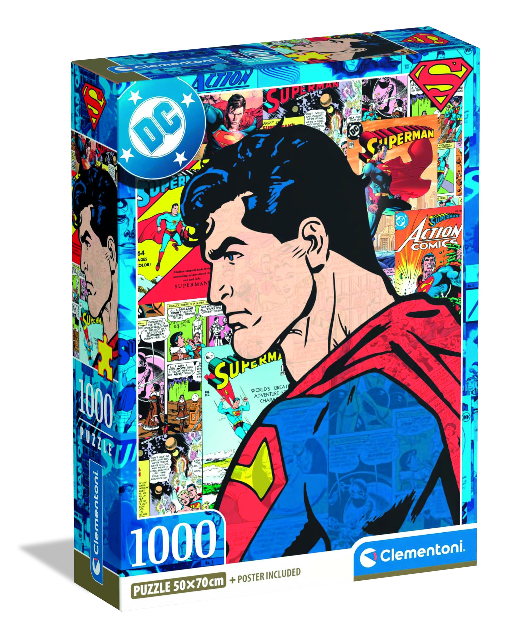 Clementoni Jigsaw Puzzle 1000 pieces, Superman DC Comics, Puzzle for Adults, Compact box, Made in Italy, 37507