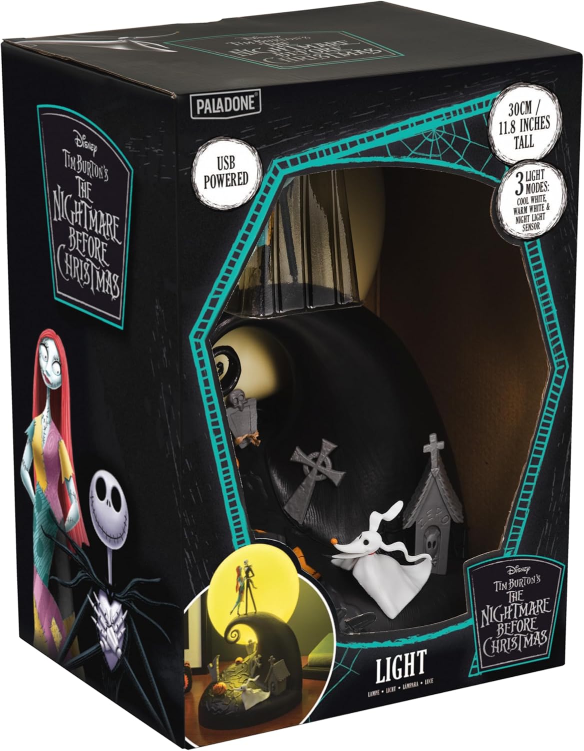 Paladone Nightmare Before Christmas Diorama Light, 30cm LED Spiral Hill Lamp with Jack & Sally Figurines, USB Powered with Warm & Cool Light Modes, Home Decor for Fans