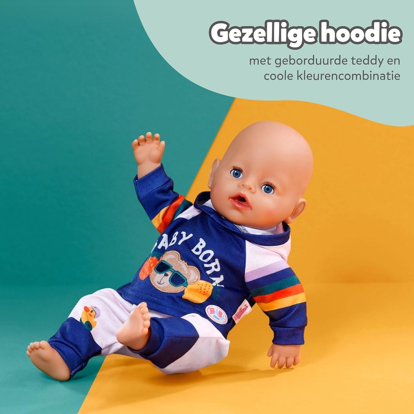 BABY born joggingpak - Met marineblauwe hoodie incl. teddyprint & grijze broek - Hoogwaardige poppenaccessoires - Kleding geschikt voor poppen van 43 cm