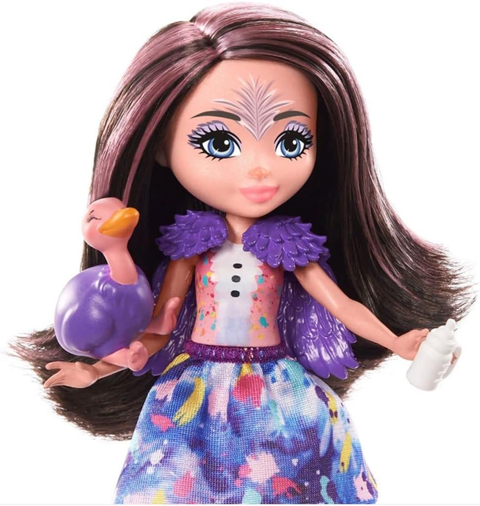 Enchantimals Familiespeelset, Ofelia Struisvogel Pop (15 cm) met 3 dierenfiguurtjes, collectie Zonnige Savanne, geweldig cadeau voor kinderen van 3 tot 8 jaar