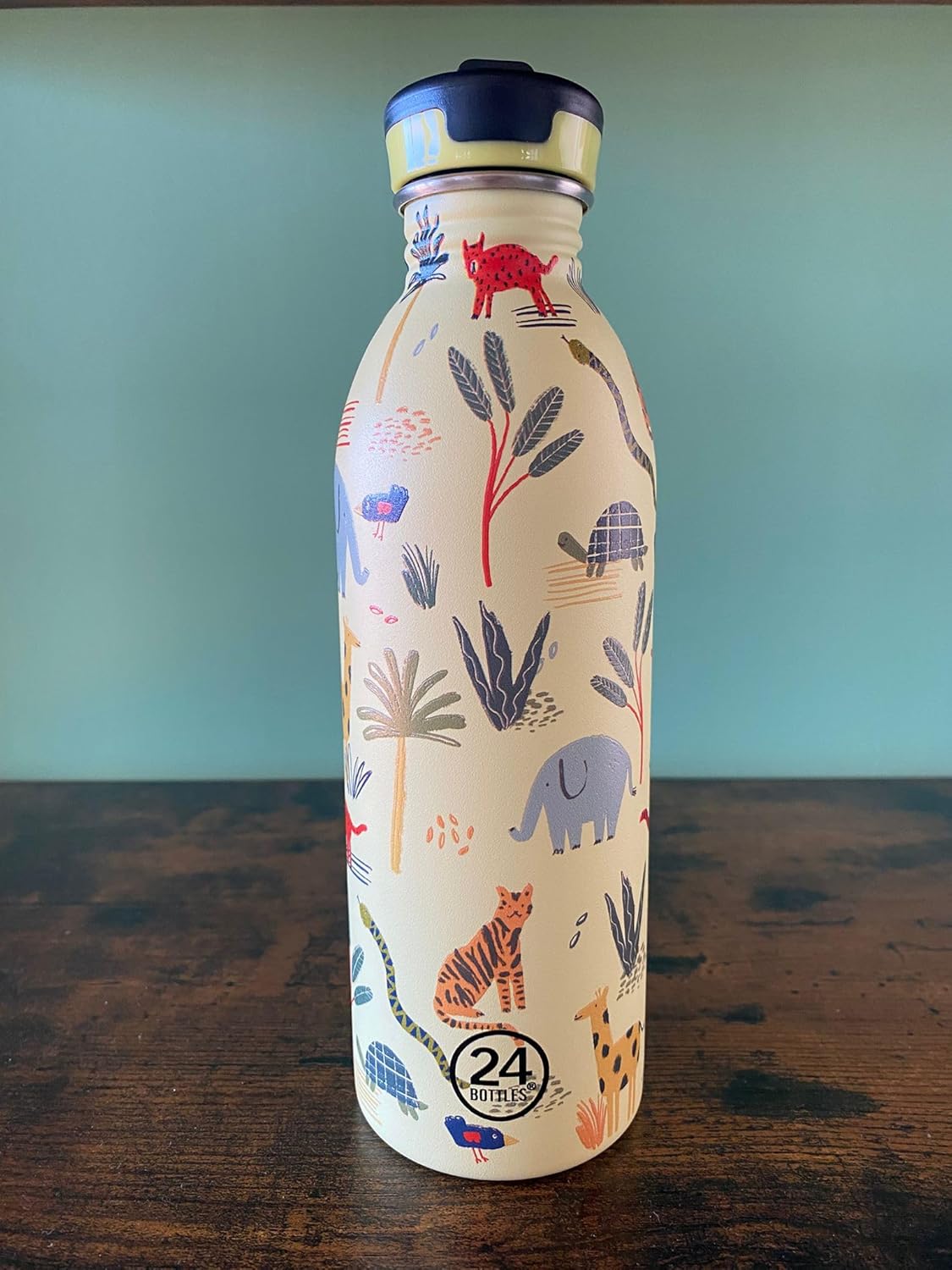 24Bottles Kids Jungle Friends Kids Drinking Bottle with Straw for Primary School and Nursery Baby Bottle 100% Airtight Stainless Steel BPA Free Ultra Light Non-Thermal 500ml