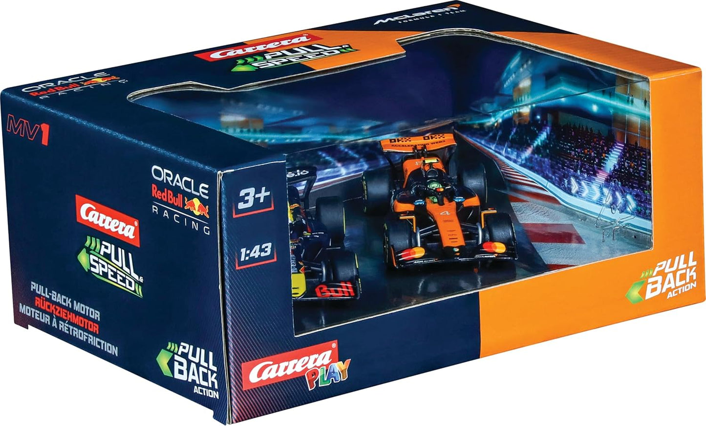 Pull & SPEED Carrera Formula 1 Twinpack 2025 F1 Cars with Pull-Back Motor, Scale 1:43, Includes Oracle Red Bull Racing RB21 M. Verstappen, No.1 & McLaren MCL39 L. Norris, No.4, from 3 Years