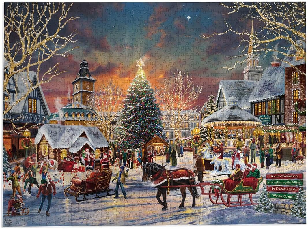 Gibsons The Christmas Festival 1000 Piece Jigsaw Puzzle for Adults by Thomas Kinkade Studios – Festive Nostalgic Traditional Artwork Sustainable Premium 100% Recycled Board Thick Pieces – Great Gift