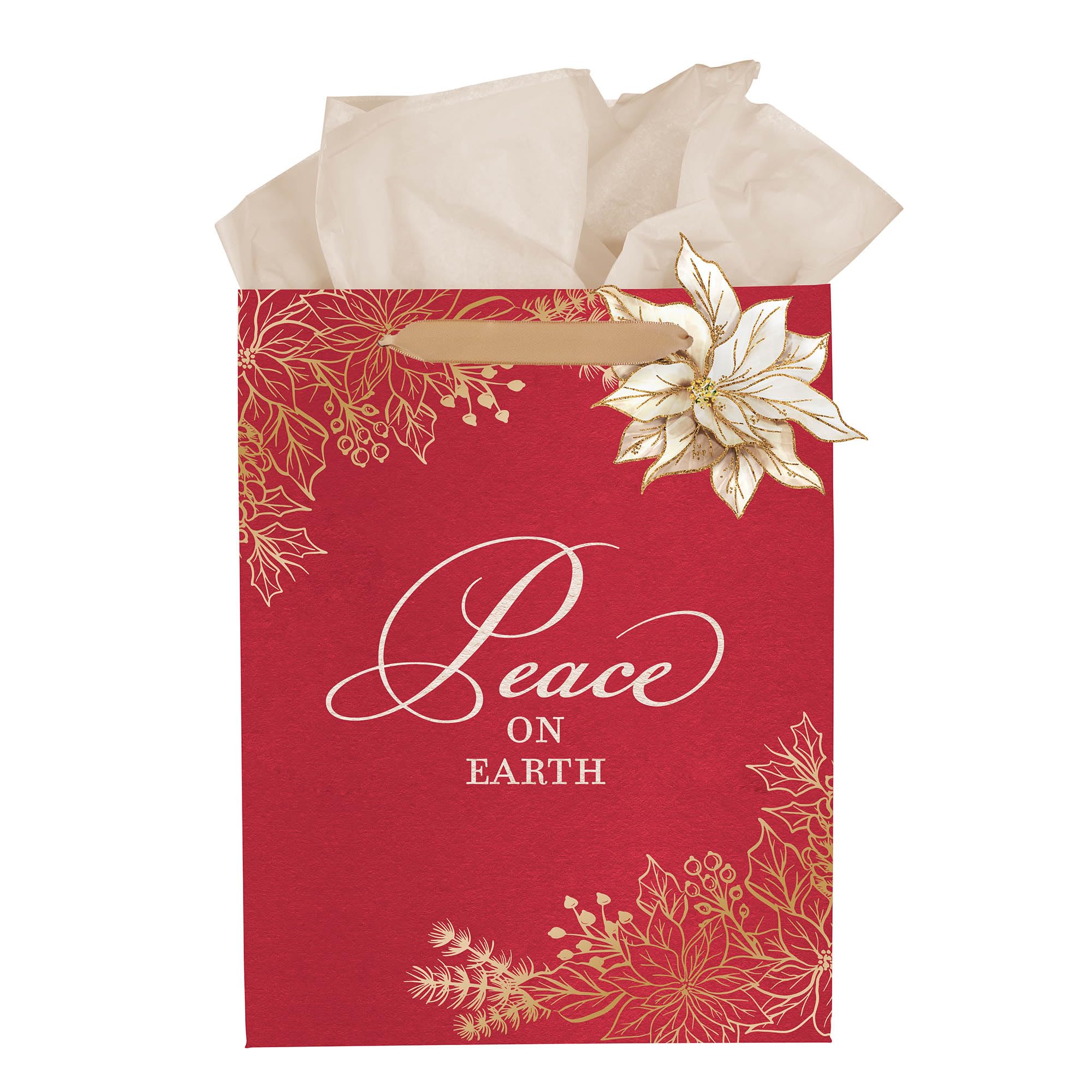 Christian Art Gifts Medium Portrait Inspirational Christmas Gift Bag, Tag & Wrapping Tissue Paper Set for Men & Women: Peace on Earth, Sturdy Satin Ribbon Handles, Festive Red