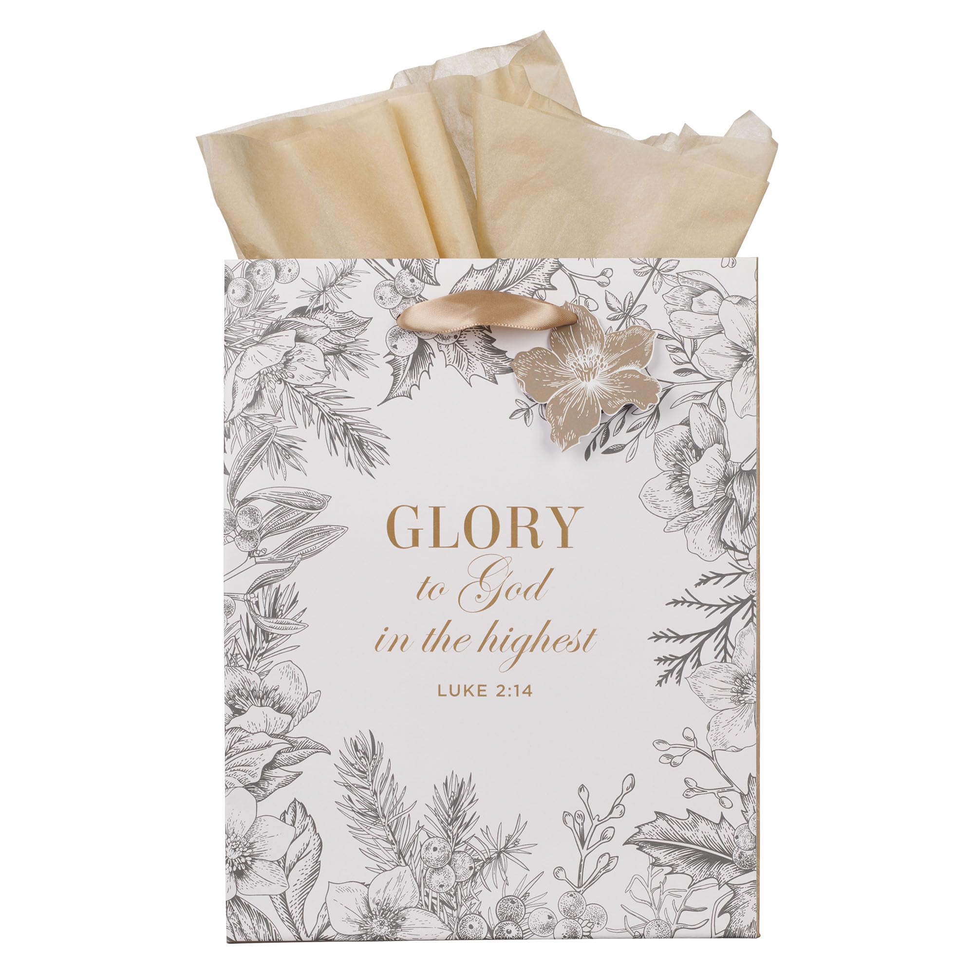 Christian Art Gifts Medium Portrait Inspirational Christmas Gift Bag, Tag & Wrapping Tissue Paper Set for Men & Women: Glory to God, Sturdy Satin Ribbon Handles, Festive White