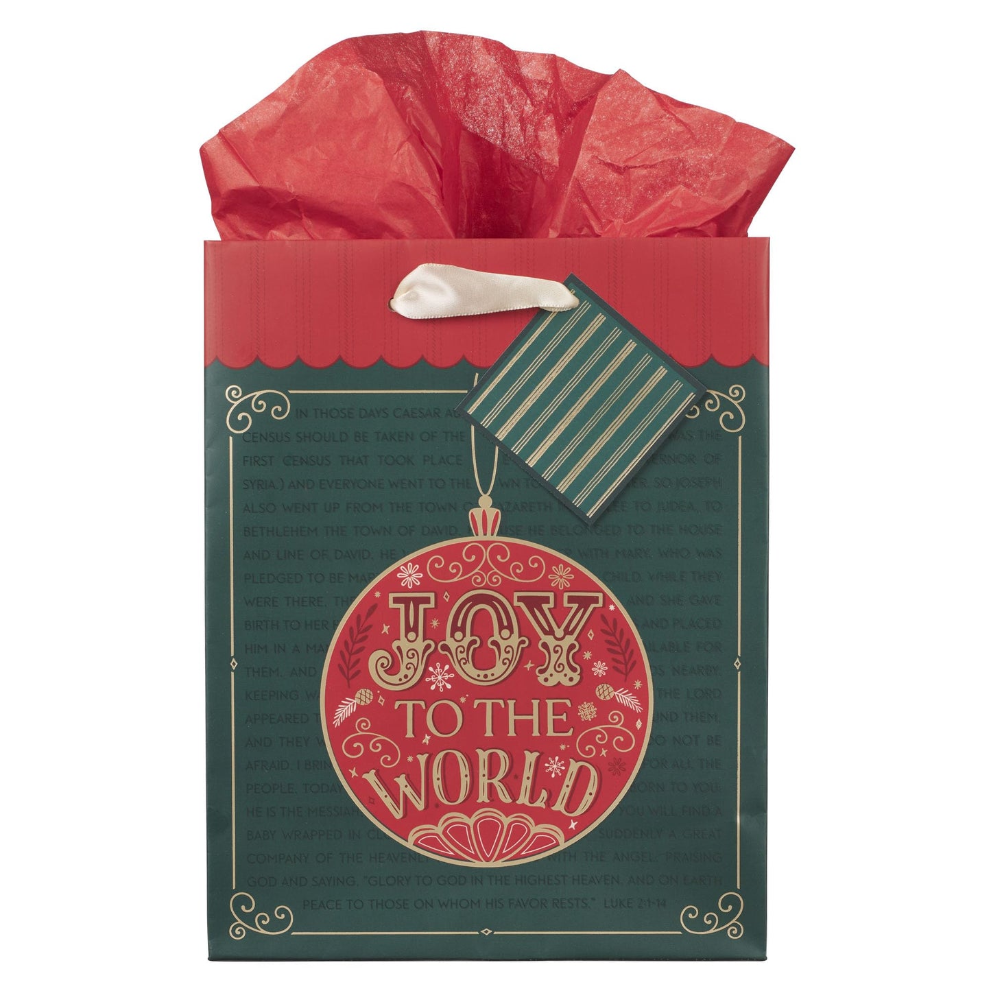 Christian Art Gifts Medium Portrait Inspirational Christmas Gift Bag, Tag & Wrapping Tissue Paper Set for Men & Women: Joy to the World Red Ornament, Sturdy Satin Ribbon Handles, Festive Green